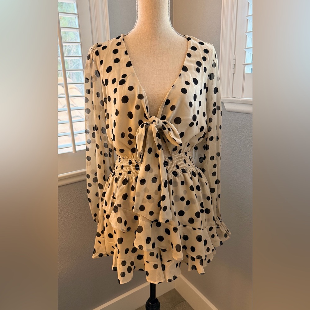 Polka Dot Tie-Front Tiered Romper - Black on Cream